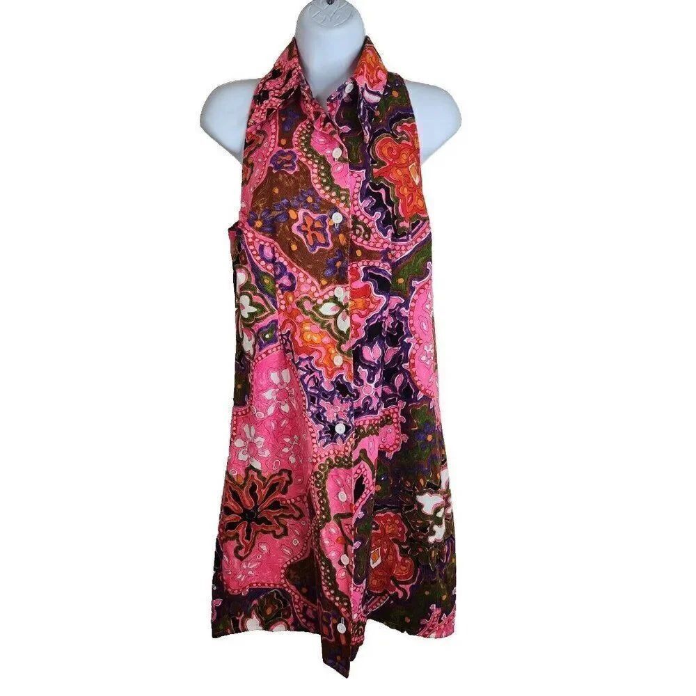 Vintage 60s Mod Mini Dress S Barkcloth Button Front Pink Groovy Flower Power